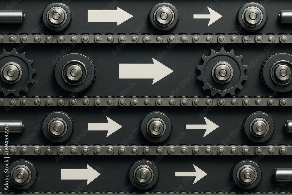 Poster industrial chain conveyor system with metal gears and directional arrows on dark background, represe