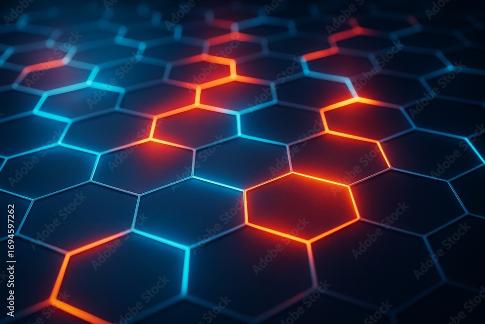Poster futuristic glowing hexagon pattern with red and blue neon light on dark surface, showing abstract ba