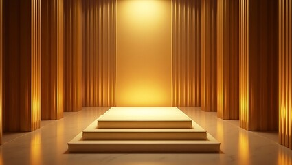 Fototapeta premium Elegant glass pedestal for product display with luxury gold background