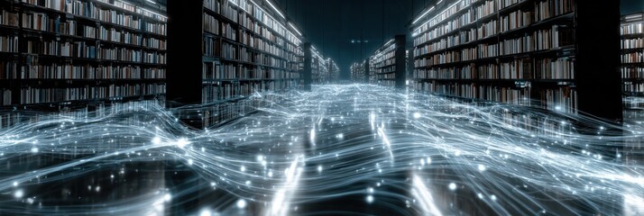 Abstract library interior with flowing light patterns
