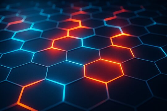 Futuristic glowing hexagon pattern with red and blue neon light on dark surface, showing abstract background with copyspace and depth effect. Ai generative