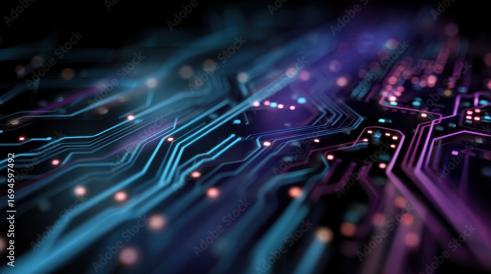 Poster futuristic motherboard with glowing neon data pathways and electronic components in a high-tech abst