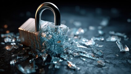 A metal padlock with shattered glass surrounding it