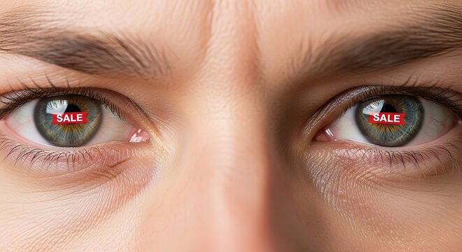 Intense gaze with sale tag reflected in eyes, capturing shopper's focused attention on deals