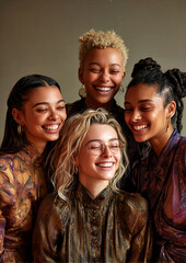 Four women radiate happiness while engaging in vibrant conversation, showcasing their unique styles and laughter in a warm, inviting indoor space.