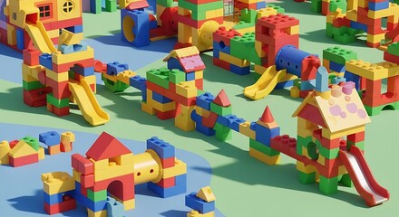 Colorful Toy Block Structures - Playful Scene with Slides and Buildings.