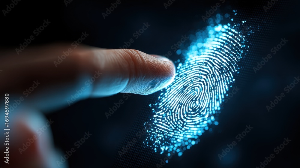 Poster close up of a finger scanning a digital fingerprint for biometric authentication and cybersecurity a