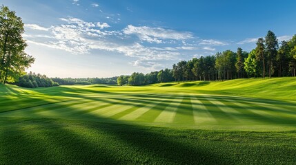 A vibrant green golf course with striped fairways and lush green grass, surrounded by a forested hillside under a clear blue sky.