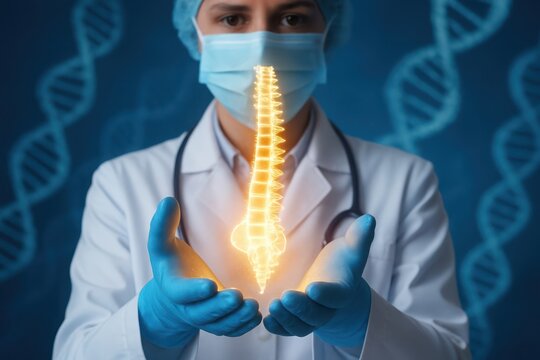 Doctor holds glowing spine with dna background