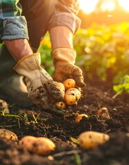 Farmer harvesting potatoes in a field