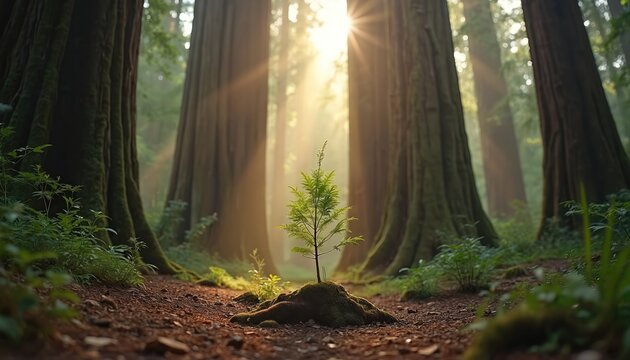 Young sapling grows in redwood forest. Towering ancient trees surround new plant, bathed in soft sunlight. Scene new beginnings, nature growth, peaceful wilderness, creating serene atmosphere.