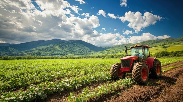 A red tractor driving through a lush green field with mountains in the background.