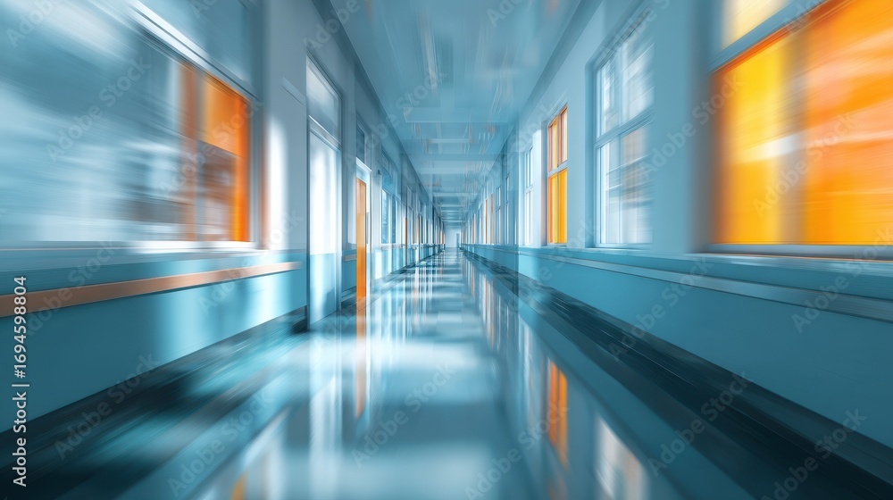 Poster modern futuristic corridor with motion blur effect and reflective floor showing blue and orange ligh