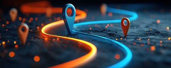 Abstract map with glowing path and location markers