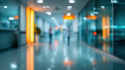 Abstract blurred background of a modern hospital corridor with bokeh lights and reflections on the shiny floor