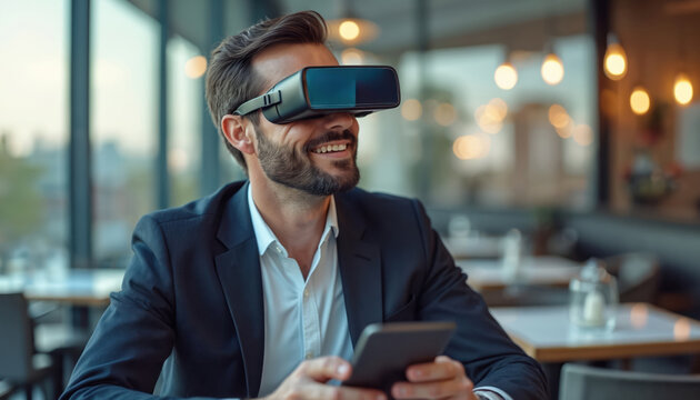 Smiling businessman uses augmented reality glasses at rooftop restaurant, viewing menu with nutritional info, dining suggestions. Modern technology enhances dining experience, offering personalized