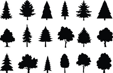 Obraz premium Silhouette Collection Twenty Assorted Tree Graphics Including Pine Trees, Deciduous Trees, and Conifer Shapes