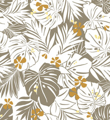Chic tropical botanical seamless pattern with white and brown palm leaves and monstera, accented with golden yellow flowers. Modern exotic design for fashion and home decor. © Creativezone