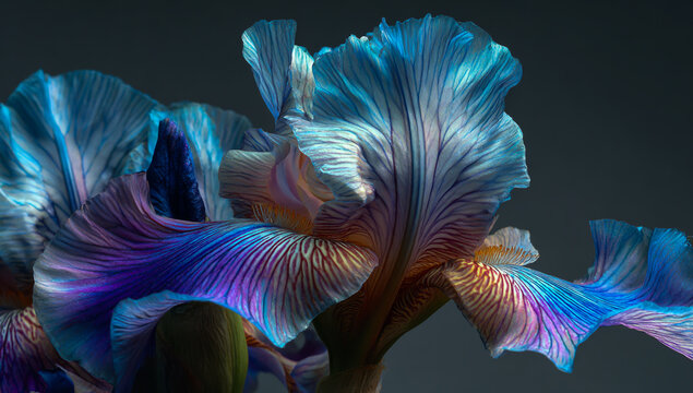 Close up of a vibrant blue and purple bearded iris flower with delicate ruffled petals