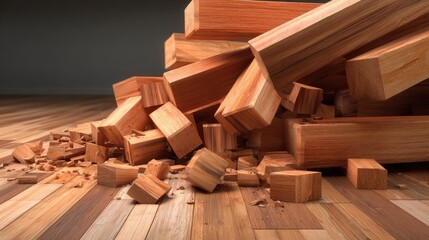A pile of wooden beams and splinters on a wooden floor.