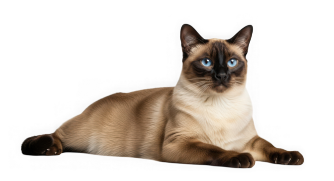A beautiful siamese cat with striking blue eyes, lying down, isolated on white background