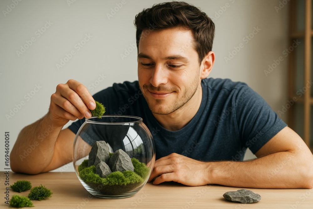 Poster man creating a miniature terrarium with moss and rocks in glass bowl on wooden table, smiling with f