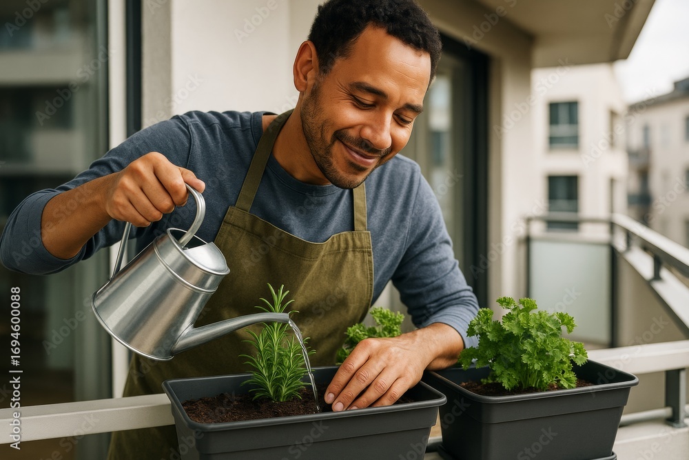 Poster man watering herbs in containers on a balcony with natural light, wearing apron and smiling while ga