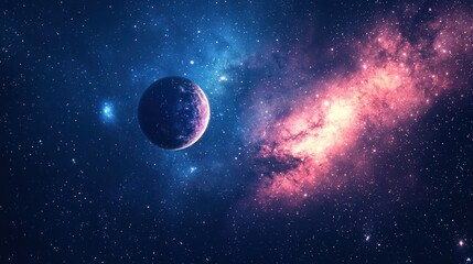 A vibrant, colorful space scene with a planet, stars, and a nebula in the background.