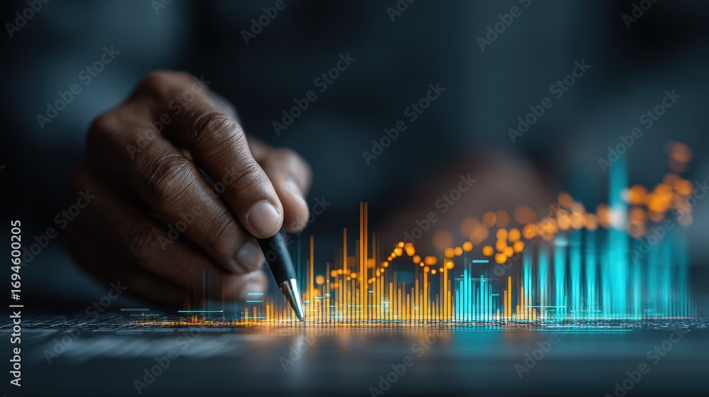 Poster financial analyst using a digital pen on a futuristic holographic interface showing a glowing stock 