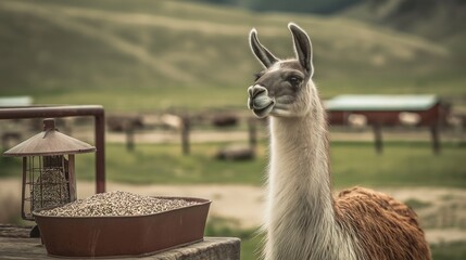 Obraz premium Friendly Llama Enjoying Its Meal Outdoors