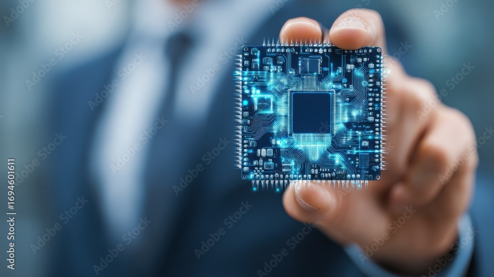 Aufkleber businessman in a suit holding a glowing blue computer microchip processor representing advanced tech