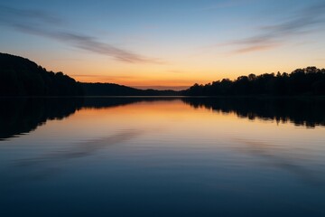 Fototapeta premium Tranquil lake at sunset with silhouette forest and reflected colorful sky in calm water, evoking peace and clarity of the creative mind background. Ai generative