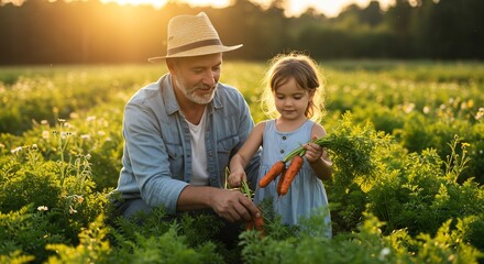 A grandfather and granddaughter bond in a sunny field as they harvest carrots, an idyllic depiction of family, agriculture, and healthy eating.