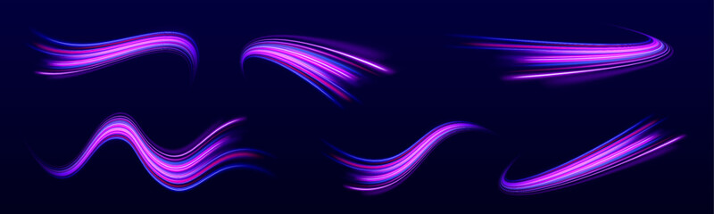Speedwave trail with glowing arcs and radiant lines on a dark vector background. Futuristic shine effect emphasizes motion. Perfect for dynamic tech visuals.