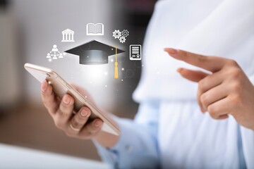 businessman hold Graduation cap with data educational icons