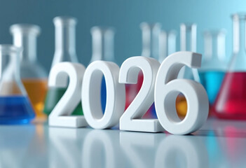 2026 numbers surrounded by laboratory glassware with colorful chemical solutions. Scientific research concept of education brands and innovation promotions