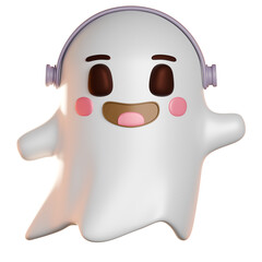 Cute 3D Ghost Character Wearing Headphones Smiling