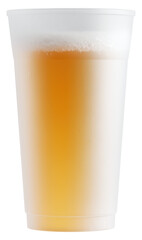 A frosted reusable bio plastic cup filled with golden amber beer with foam on top isolated on transparent background.