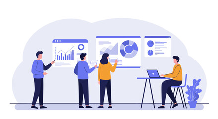 Team analyzing data on interactive dashboard in modern workspace