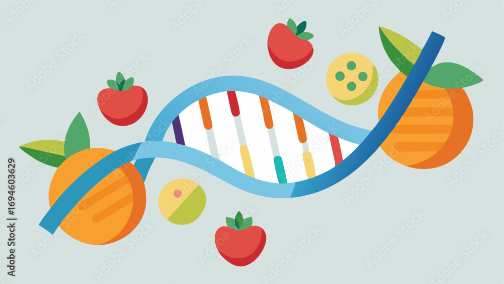 Aufkleber diet and nutrition an array of colorful fruits and vegetables arranged in the shape of a dna strand 