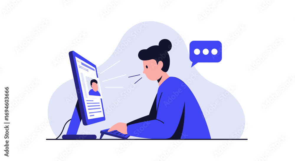 Aufkleber person talking to computer with video call interface in modern flat style