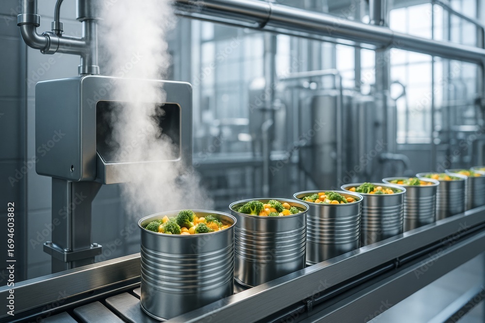 Poster automated food canning line with steaming vegetables under sterilization process in modern industria
