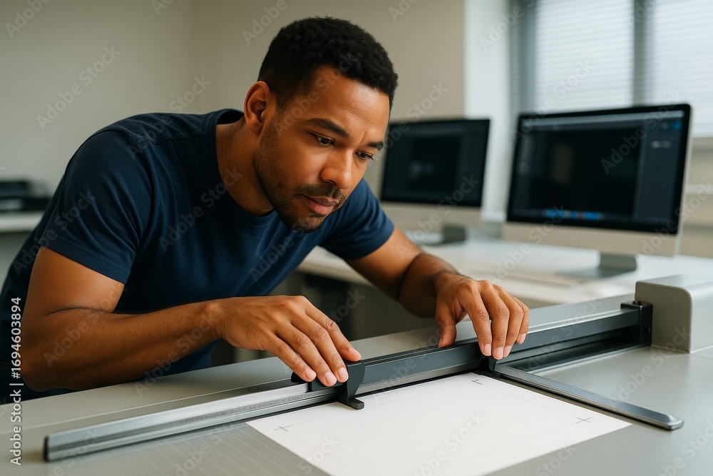 Poster focused man using paper cutter in modern office setting with computers on desk and bright natural li