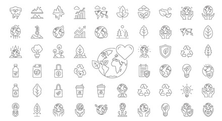 Line art illustrations depicting environmental conservation and sustainability