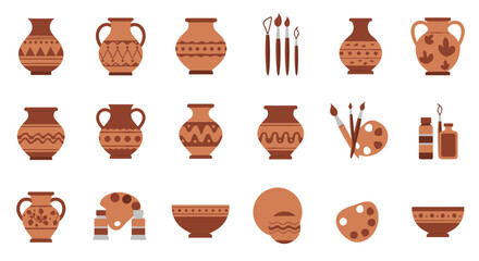 Collection of flat terracotta pottery and art tools for creative design projects