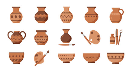 Flat style ceramic pottery collection with painting tools and artistic patterns