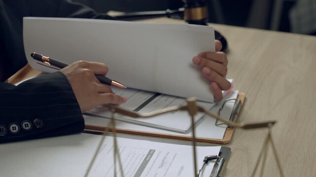 Close-up of business hands flipping legal contract papers with blurred justice scale in foreground, representing legal review, agreement, and professionalism.