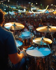 Obraz premium Drummer Performing on Stage at Night Concert