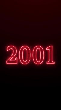 Futuristic glowing neon light 2001 text. Animated text 2001 neon glowing with reflection, Glowing neon number text background.