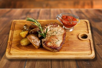 Tasty fresh Steak with Herbs on kitchen desk